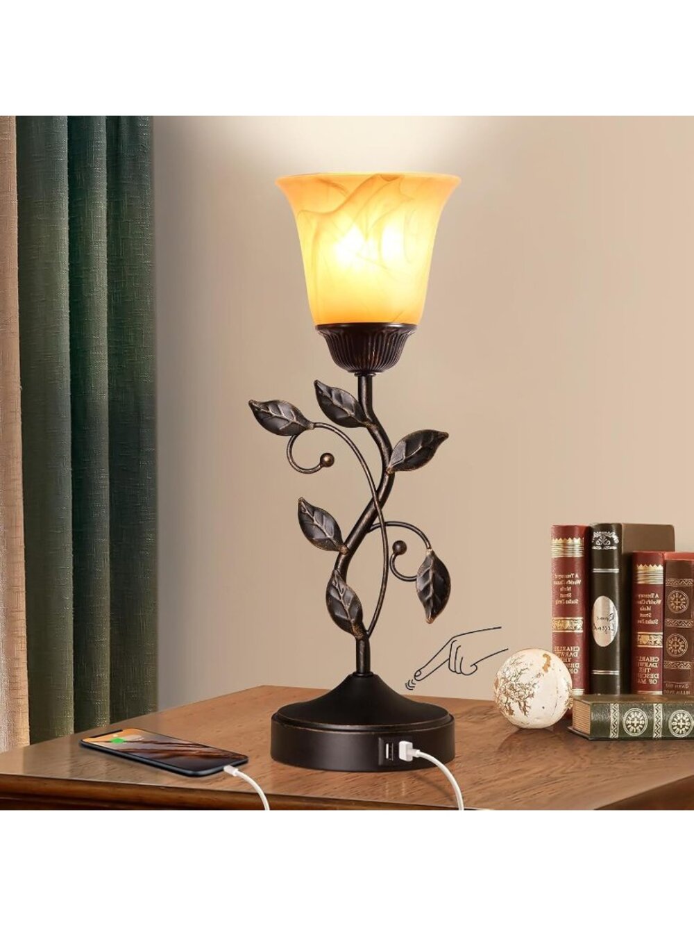 New Touch Control Leaf Vintage Table Lamp with 3-Way Dimmable 2 USB C+A Ports - Picture 2 of 6